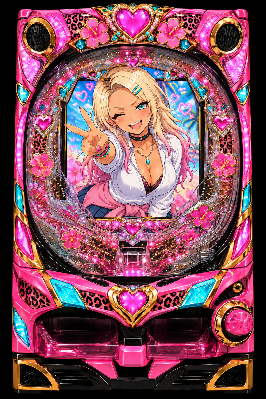 ピンクと金、ハートとハイビスカスで飾られたパチンコ台